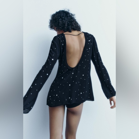 Zara sparkly black studded open back long sleeve top sz.S - Picture 5 of 16